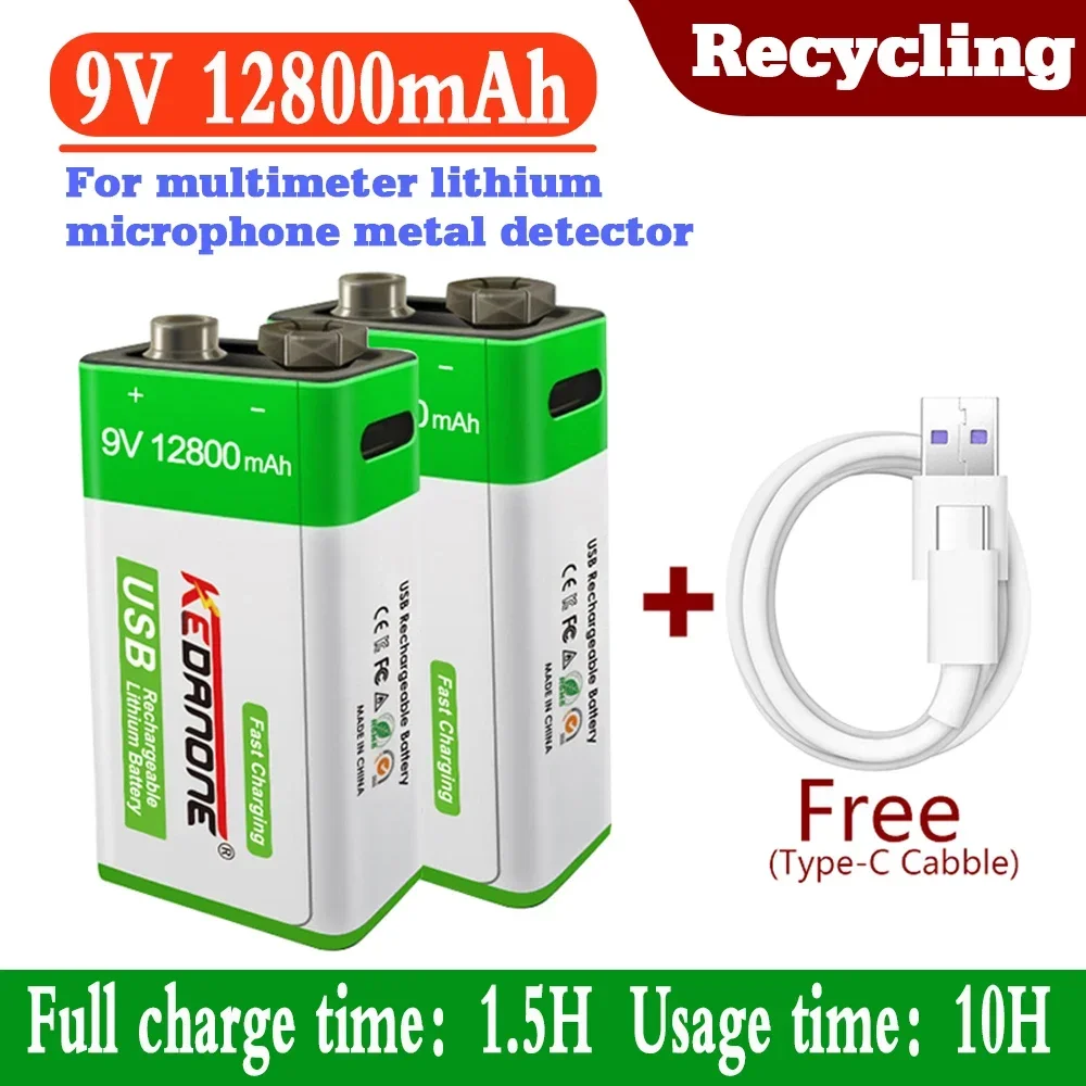 Fast Charging 9V 12800mAh Lithium battery Charging Battery type-c Li-ion Battery Multimeter Microphone Toy + USB Charging Cable