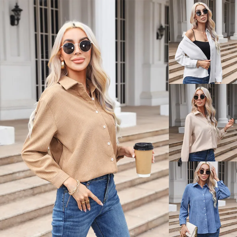 Autumn Office Lady Shirts White Striped Corduroy Shirts Women Loose Sleeve Casual Solid Blouses and Tops Elegant Blusas 29308