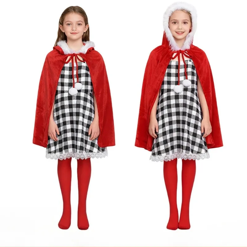 

Christmas Cindy Costume Cosplay Black-and-white Checkered Dress Red Cloak with Sosks Gloves Full Set for Girls Xmas Theme Party