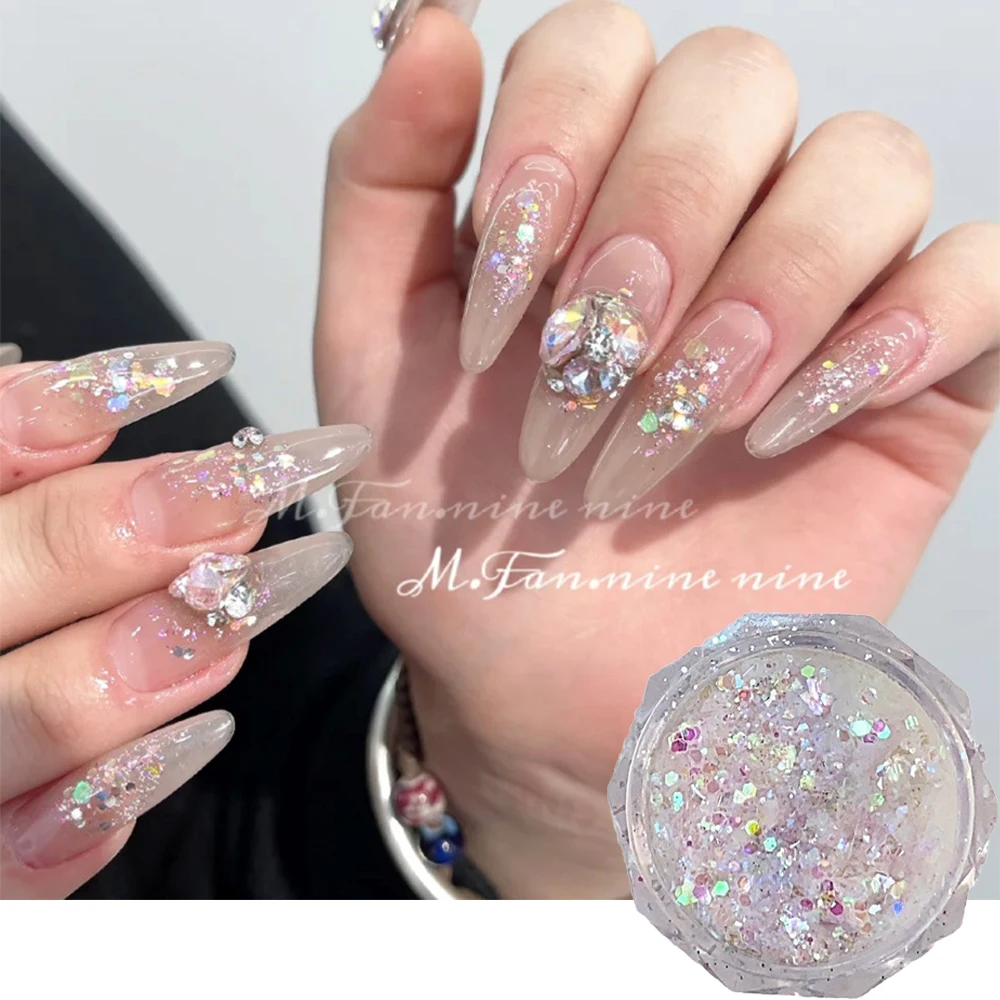 1 Jar Radiant Starry สีขาวเล็บ Glitter Sequins เงาไม่สม่ําเสมอ Flake Charms เกาหลีสไตล์ฤดูร้อนเล็บอุปกรณ์ตกแต่ง