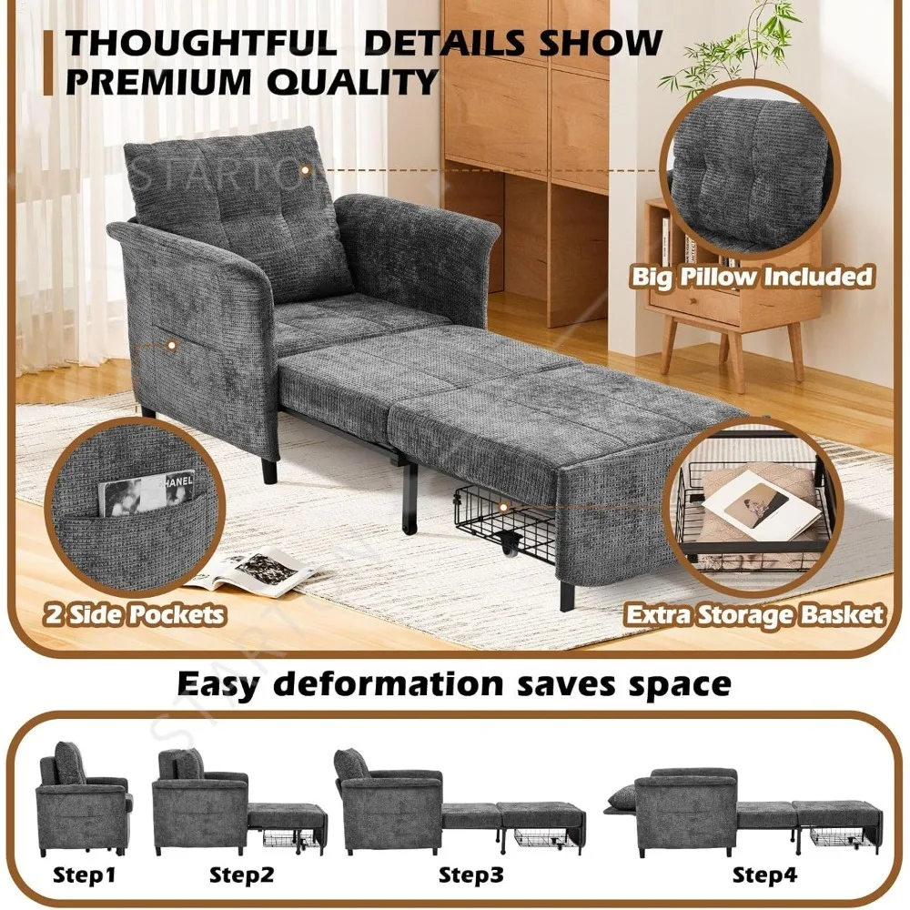 Convertible Sleeper Chair W/Adjustable Backrest 4-in-1 Pull Out Lounge Chair 500 LBS Load Bearing Single Sofa