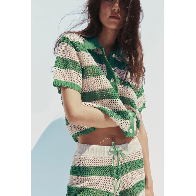 Conjunto de Dos Piezas de Moda Primavera para Mujer: Chaqueta de Punto de Manga Corta con Cuello Tipo  y Cintura Alta con...