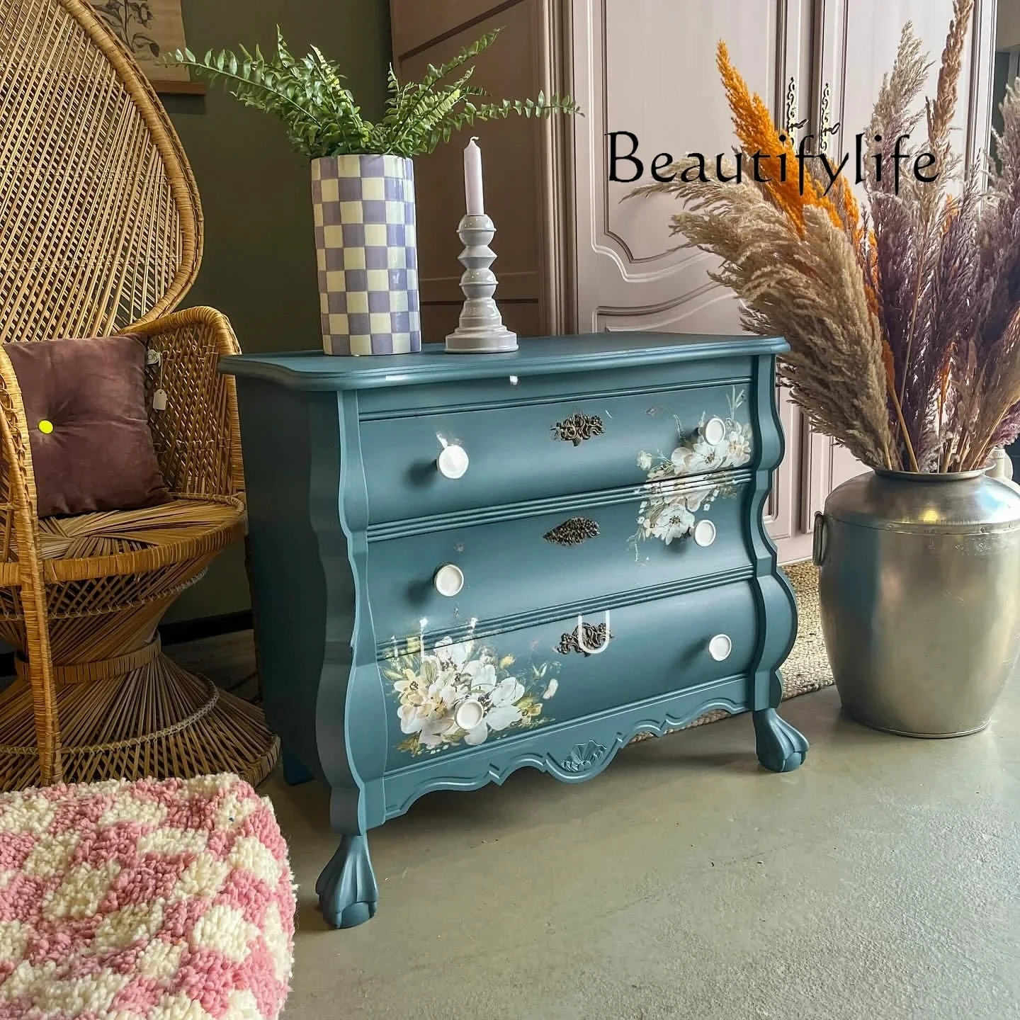 

0 French Retro Solid Wood Hand-painted Storage Three-bucket Cabinet American Modern Simple Bedroom Bedside Table