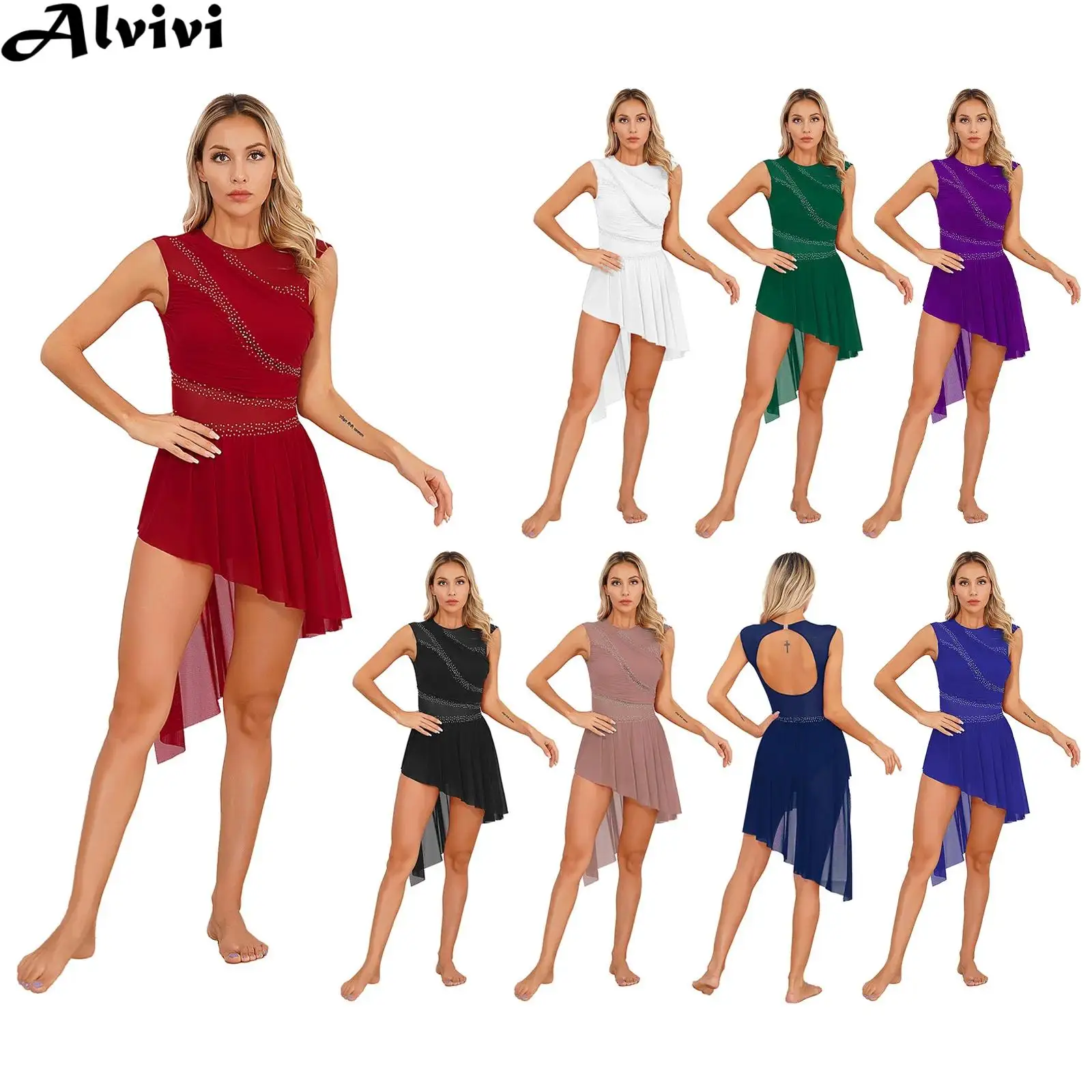 

Женское современное платье для лирического танца с блестящими стразами и прозрачной сеткой, купальник для фигурного катания, гимнастики, балета, акробатики