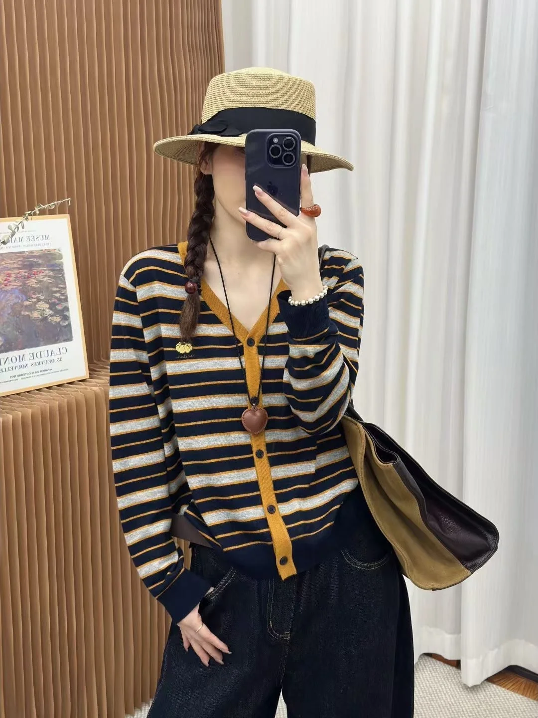 Korean Style V-Neck Long Sleeve Knitted Cardigan Autumn Fashion Pumpkin Embroidery Striped Women's Knitted Sweater Casual Wear