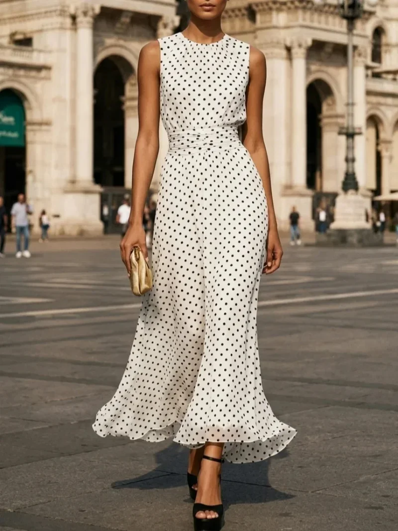 Ärmelloses Damen-Maxikleid mit Polka Dots, hochgeschlossen, fließendes Chiffon-Langkleid für die neue Sommerkollektion 2026 – perfekt für Strandpartys und Hochzeitsgäste
