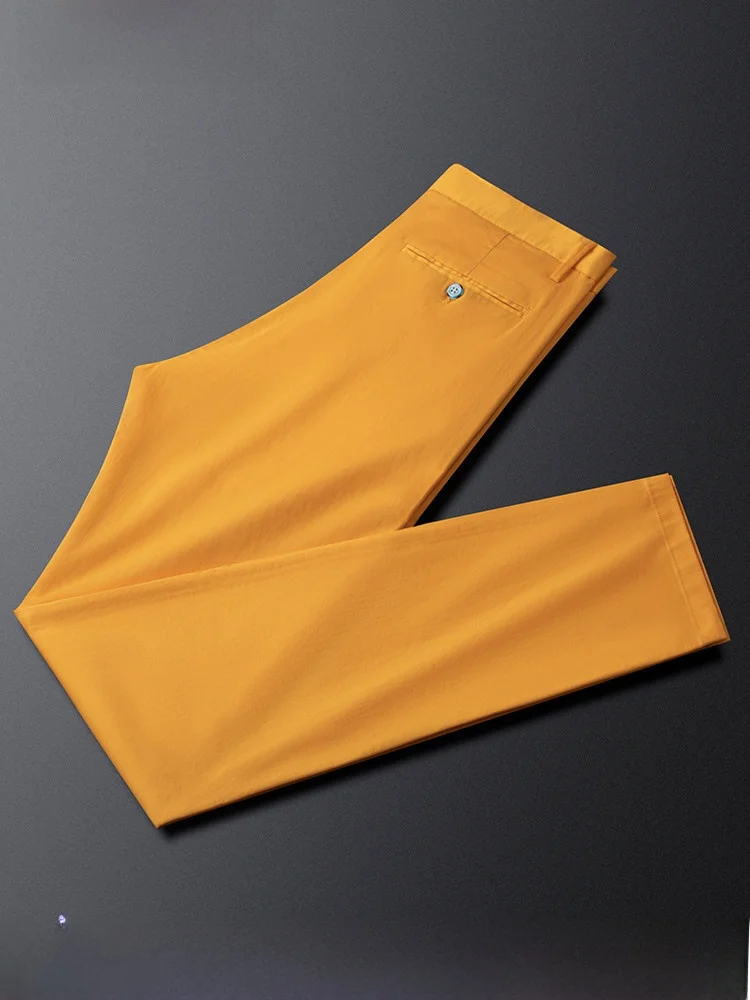 

Ja Charles Yellow Cotton Slim Fit Casual Pants Men's Thin Faionable Pure Color Summer Leisure Trousers Busin Casual