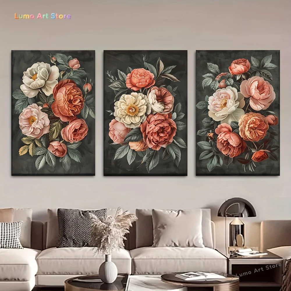 3pcs/set, Canvas Painting--Unframed, Roses and Peonies, Victorian Floral Style, Posters and Prints, Living Room, Library, Off