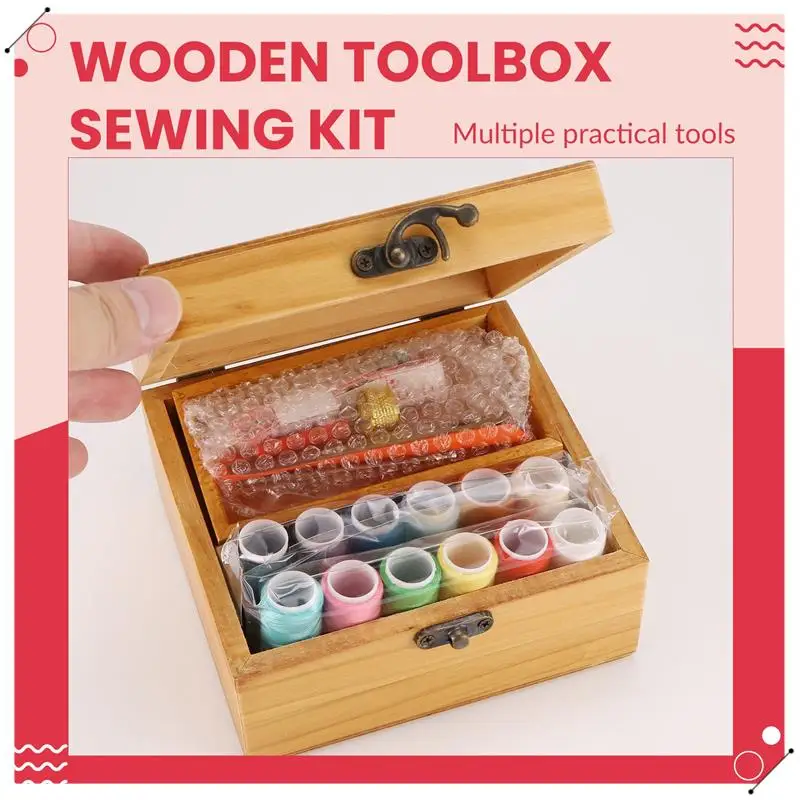 Wooden Sewing Box Sewing Accessories Supplies Kit Workbox For Mending