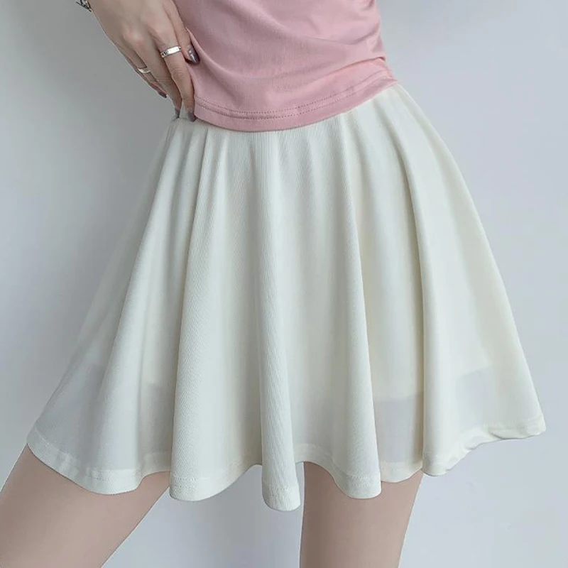 Women Ice Silk Pleated Mini Skirt Preppy Style Versatile A-Line Sport Skirt 2025 Casual Oversize Solid Elastic High Waist Skirts