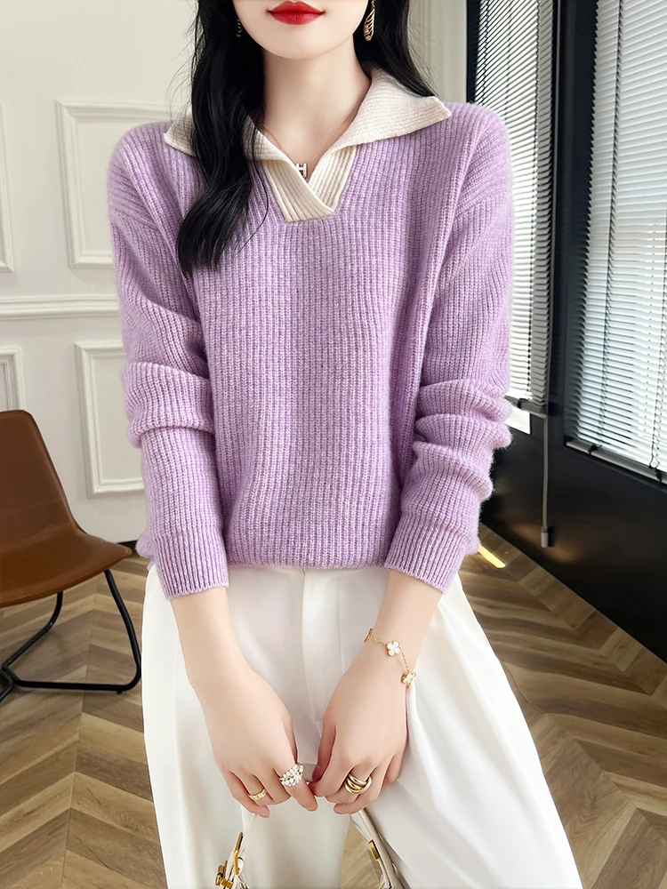 

Fashion Women's Turn-down Collar Pullovers 100% Merino Wool Sweater Spring Autumn Winter Warm Casual Wool Knitwear Clothes Tops