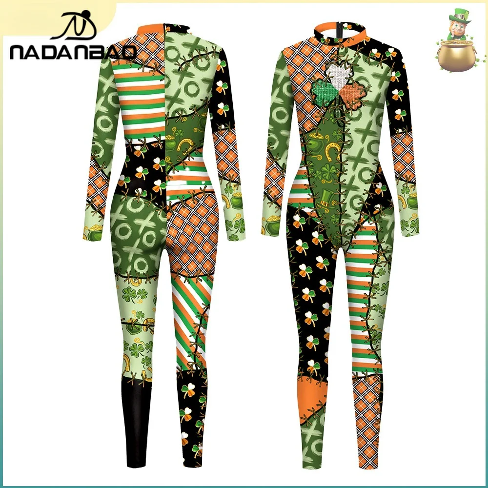 

Nadanbao Shamrocks Patchwork Printed Jumpsuit for Women Irish St. Patrick's Day Green Casual Clothes Sexy Stretchy Slim Bodysuit