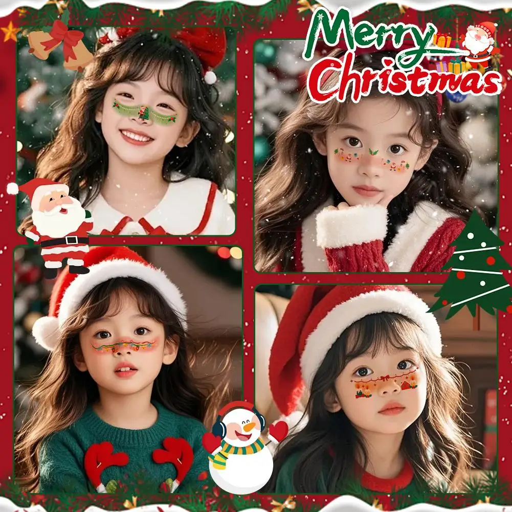 Autocollants de visage de noël, cloches, nœud, cœurs, étoiles, rubans, tatouage de fête, accessoires de taches de rousseur, autocollants temporaires imperméables, maquillage A5S5