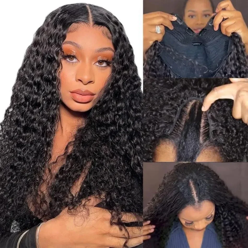 

Deep Wave V Part Wig Human Hair No Sew In No Glue 220 Density Natural Color Curly Brazilian Hair For Black Women 30 Inch No Lace