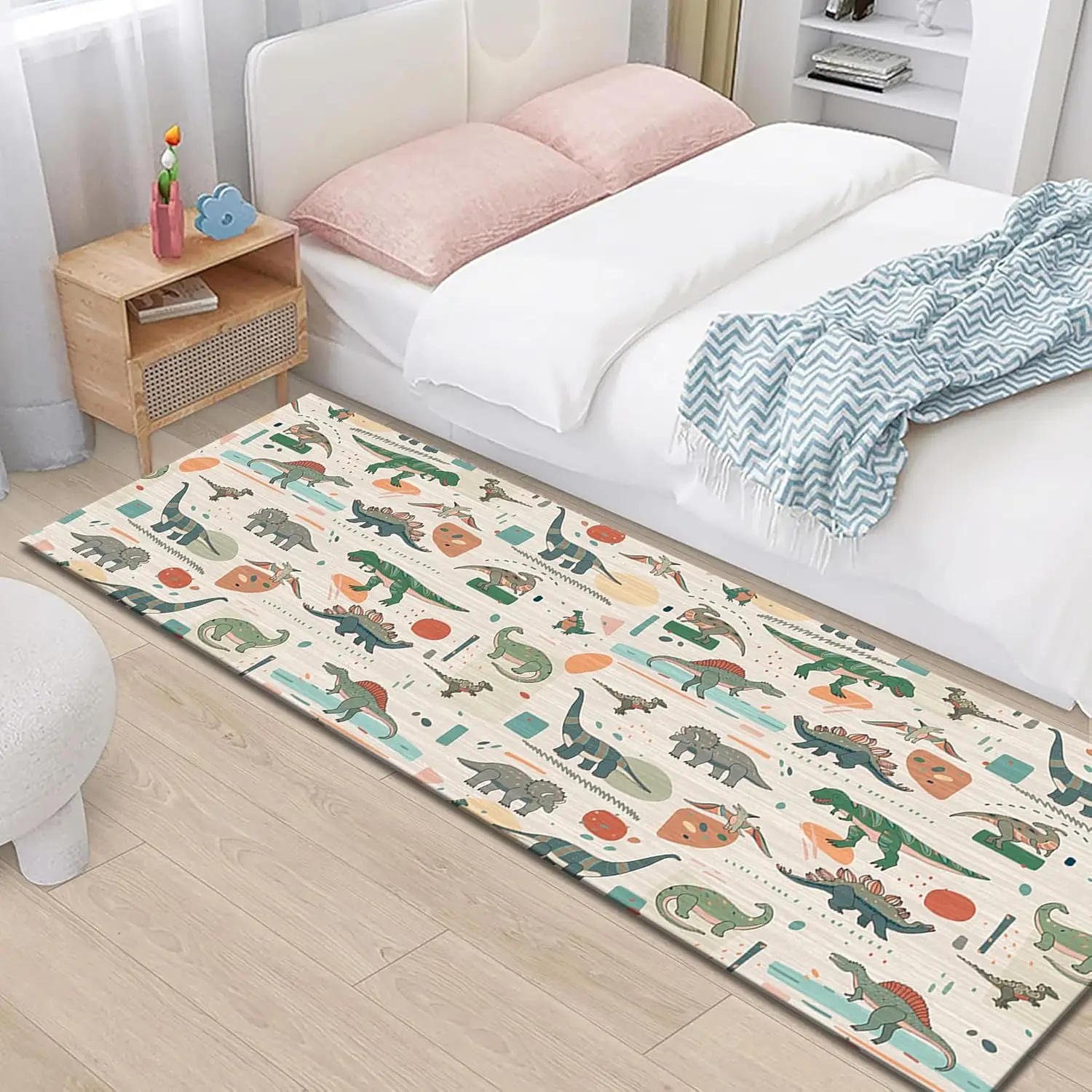 Dinosaur Runner Rug for Boys Bedroom ,Jurassic Style Cartoon Animal Rugs,Vintage Bohemian Cartoon Dinosaurs Living Room Area Rug