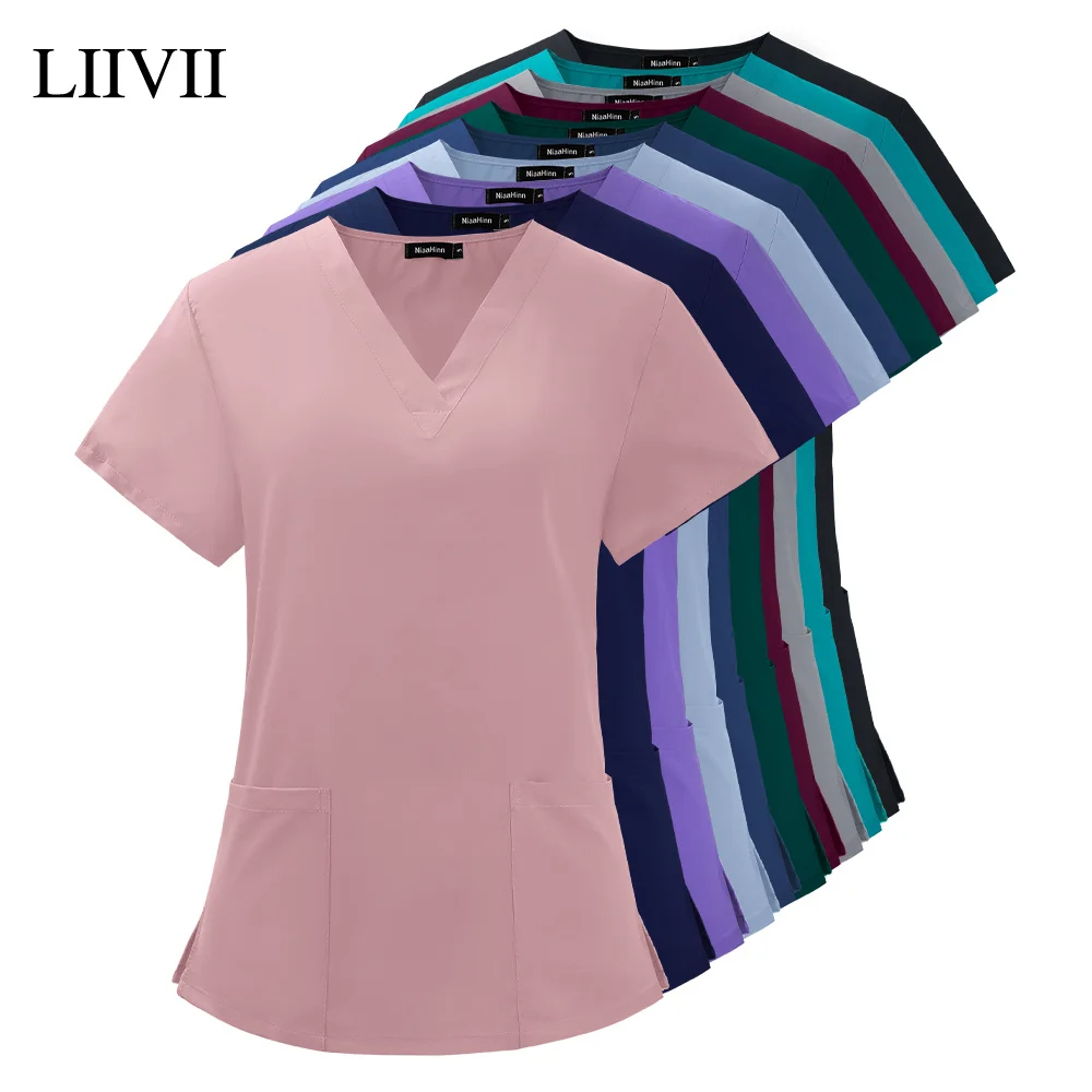 Nuovo elastico traspirante Spandex accessori per infermiere salone di bellezza uniforme moda Slim Fit Top Scrub vestiti donna estate camice da laboratorio