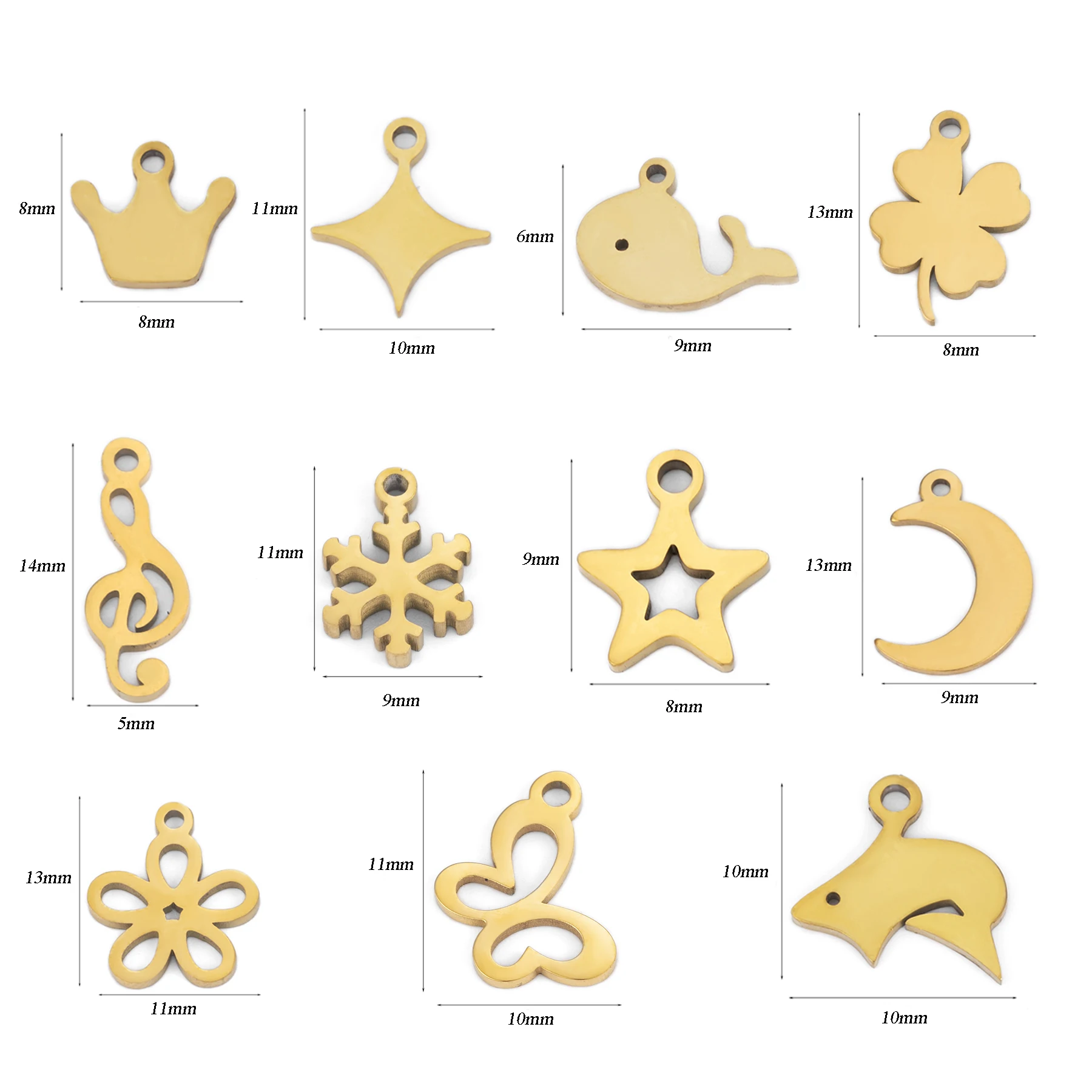 6 Stück/Set Edelstahl Mini Spiegelpolierte Anhänger in Form von Schneeflocke, Delfin, Krone, Stern und Schmetterling für DIY-Schmuckherstellung Zubehör – Detail 1