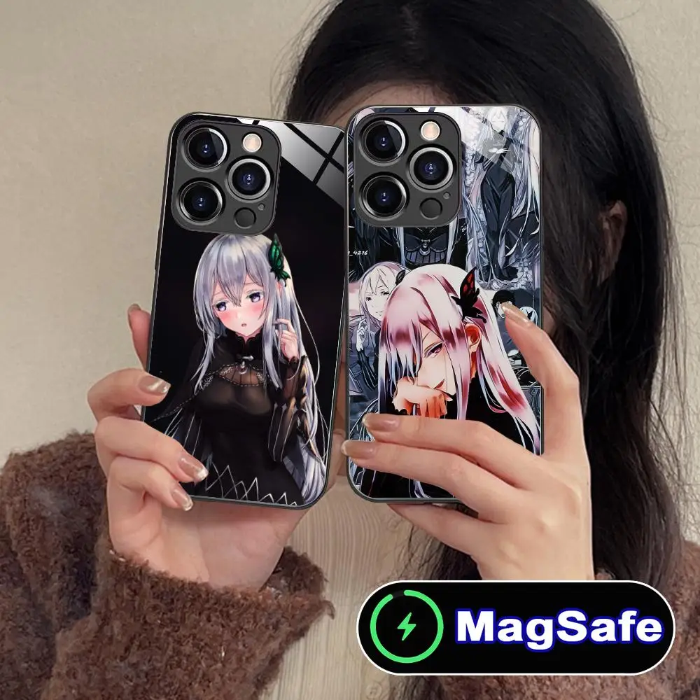 

Чехол для мобильного телефона ReZero Echidna для iPhone 17, 16, 15, 14, 13, 12, 11 Pro Max Plus Mini MagSafe, стеклянный цветной чехол для мобильных телефонов