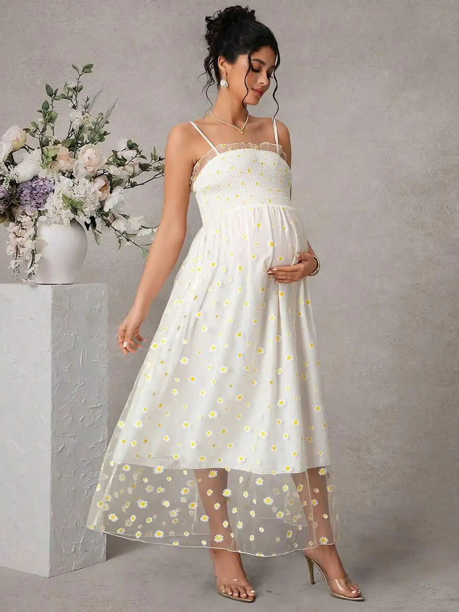 

Maternity Dress Spaghetti Strap A-Line Daisy Print Double Layer Mesh Long Dress