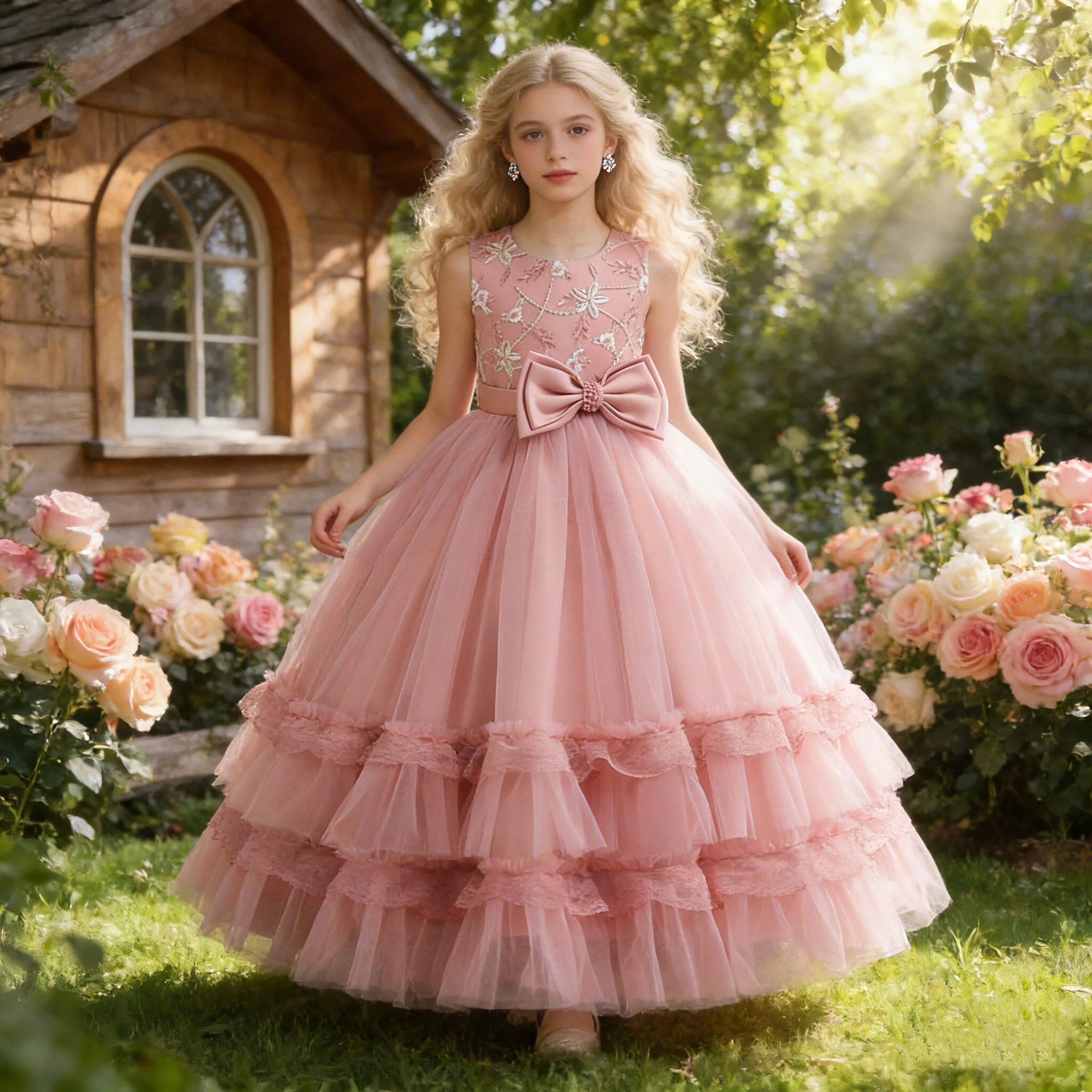 Summer Flower Bridesmaid Girls Dress Elegant Wedding Princess Party Kids Dresses For Girl Gala Bow Birthday Evening Prom Costume