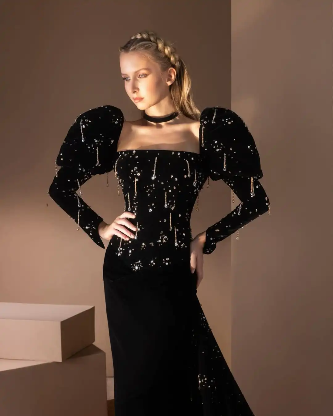 

Ofherown Black Velvet Sequin Crystal Tassel Evening Dress Puff Sleeve Square Collar Train Prom Gowns for Party Red Carpet