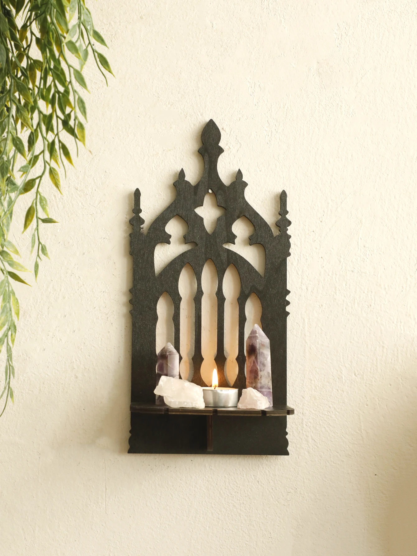 Wooden Shelf Gothic Black Floating Wall Shelves Fence Shape Wall Hanging Decor Crystal Holder Bedroom Decor Ledge Display Stands