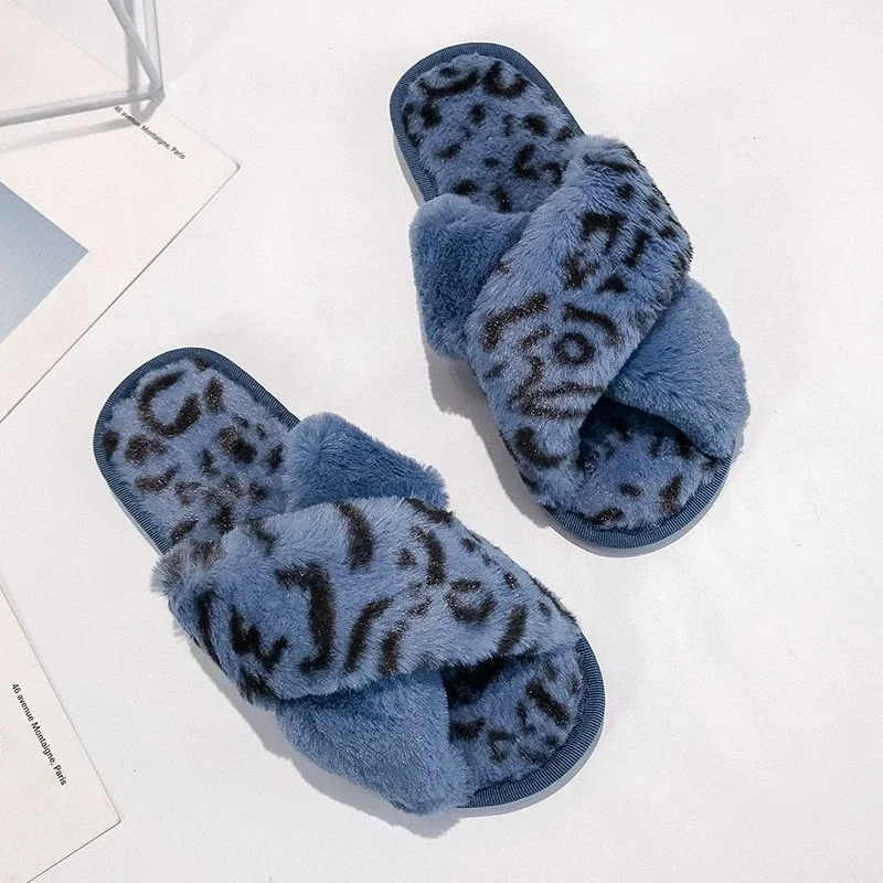 New Women Slippers Winter Shoes Flat Sweet Woman Indoor Faux Fur Warm Soft Slip On Home Leopard Print Pink Furry Ladies Slipper - view 3