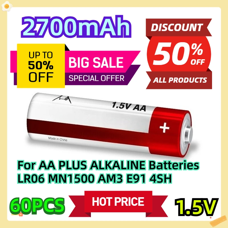 

2700mAh 1.5V 60pcs For AA PLUS ALKALINE Batteries LR06 MN1500 AM3 E91 4SH