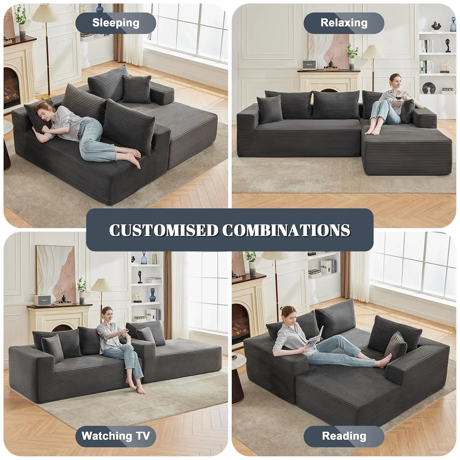 Sofá Modular Seccional de 110 polegadas, Assento Profundo, Fluffy, em Forma de L, Chaise para Sala de Estar, Cinza Escuro, Personalizado