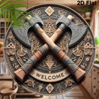 Viking Ax Welcome - 8inch X 8inch Round Wooden Wall Decoration for Home, Porch, Living Room and Office - Perfect Gift for Men