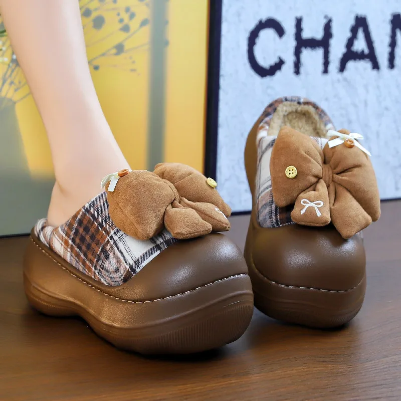 

High style plaid slippers outdoor women's chunky home shoes woman winter mules clogs slipper lolita girl furry bow slides shoes