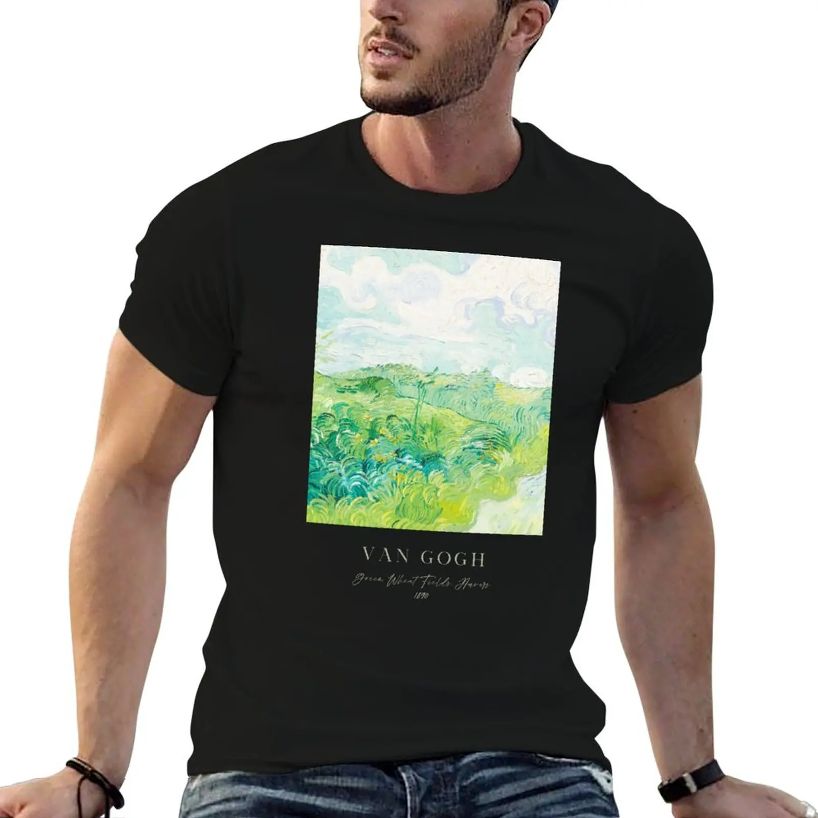 Green Wheat Fields, Auvers by Van Gogh, Sage Green T-Shirt Utility Work Short Sleeve Top