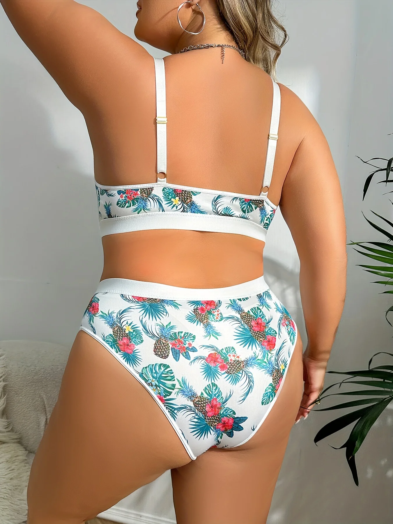 Conjunto de lencería sexy para mujer, estampado de piña y floral, cuello en V, sujetador triangular, bragas, talla grande, 2 piezas