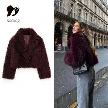 Image Koekop Women's Fashion Burgundy Asymmetric Thick Collar Fur Coat Vintage Casual Chic Temperament Lady Short Jacket