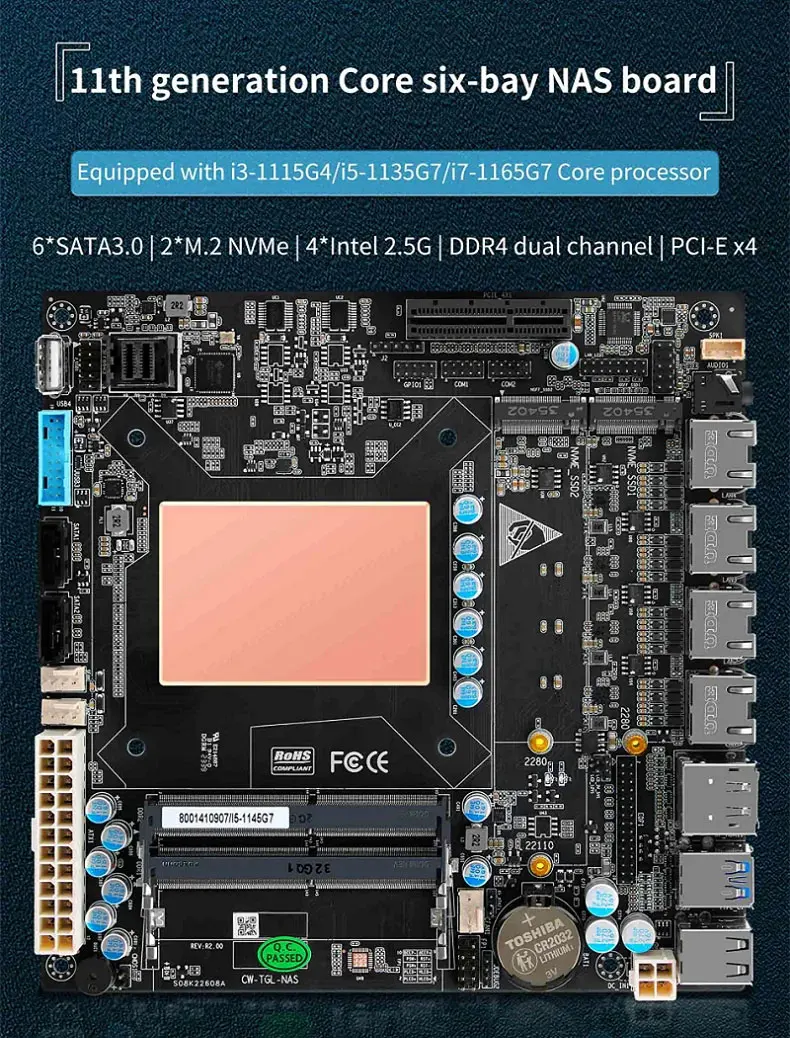 6-Bay Mini ITX Firewall Motherboard 11th Gen Intel I7 1165G7 I5 1135G7 I3 1115G4 2×M.2 NVMe DDR4 Server Router NAS Mainboard