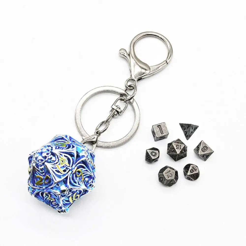 1 Set 20-sided Hollow Metal Dice Keychain TRPG Skull Hollow Metal Dice Keyring Exquisite Bronze Polyhedral Dice Keychain