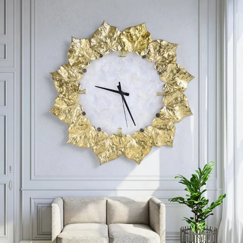 Professional quality gold brass leaves luxury store display banquet hall art wall clock custom home living room decoration