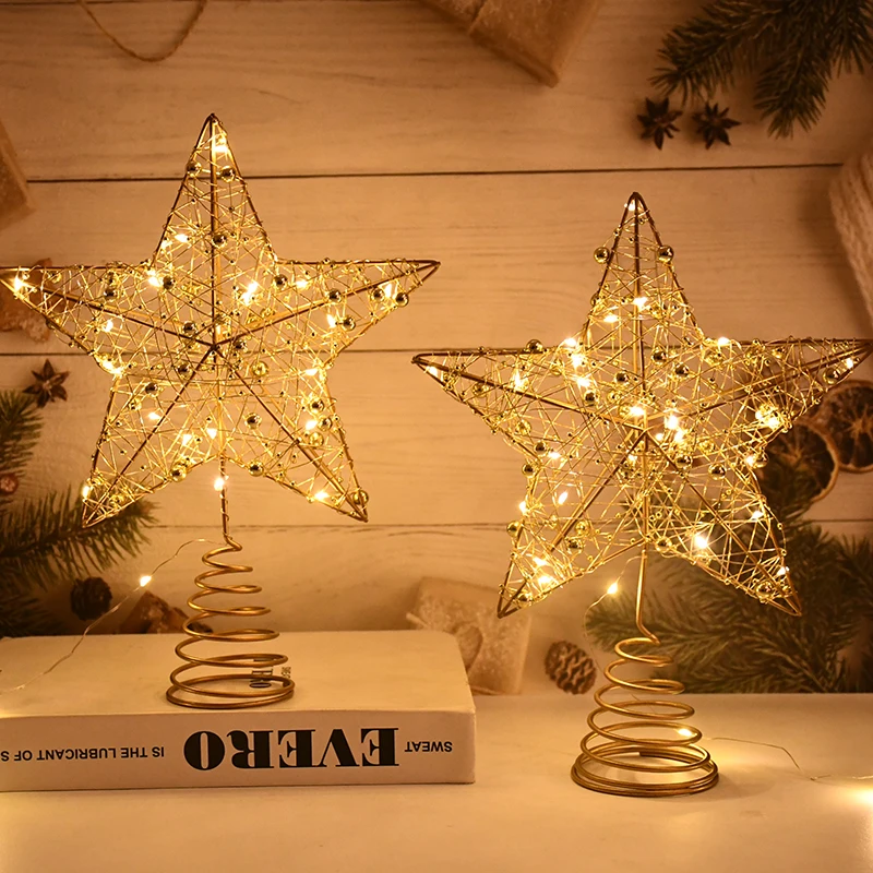 Gold Glitter Christmas Tree Top Star Iron Art Hollow Five Pointed Star Christmas Tree Ornaments Home Xmas Atmosphere Decoration