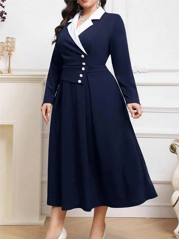 Gibsie plus size entalhado pescoço botão detalhe elegante vestido longo feminino 2025 outono cintura alta moda escritório senhoras vestidos de linha a