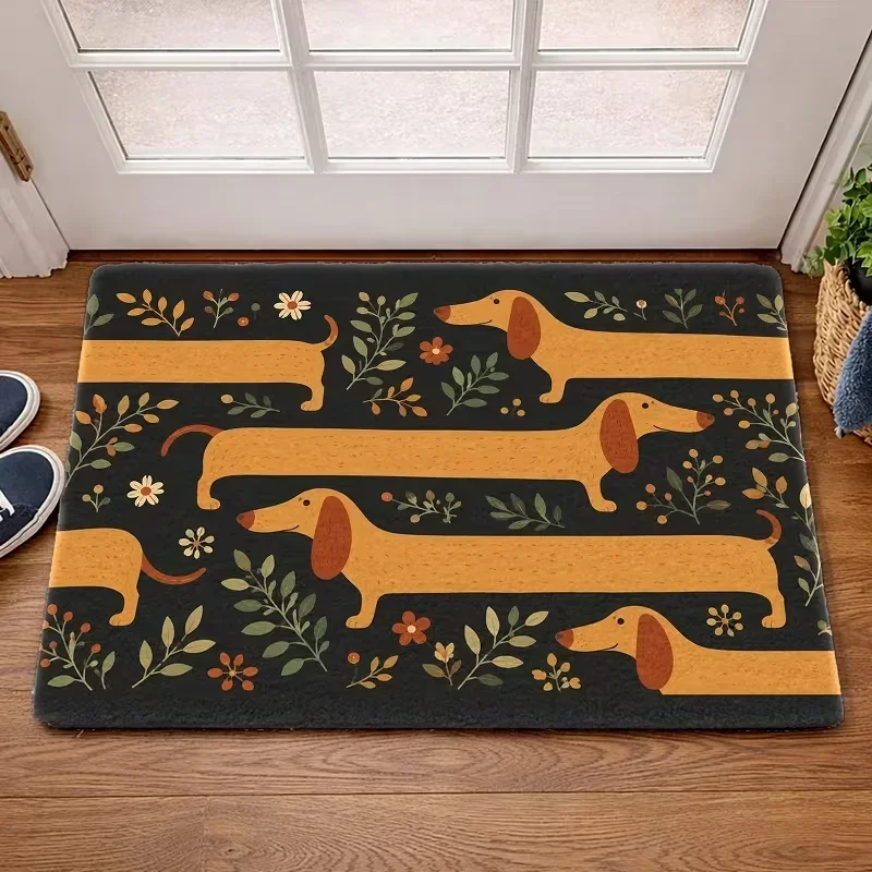 Funny Sausage Dog Entryway Welcome Mat Vintage Floral Leaf Area Rug Non-Slip Floor Carpet for Home Kitchen Corridor Doormat Gift