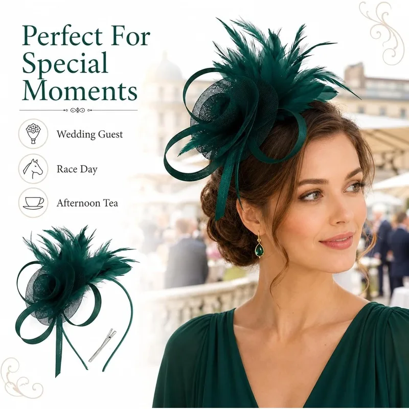 Fascinator Hat for Women - Vintage Feather Tulle Design with Detachable Headband and Clip