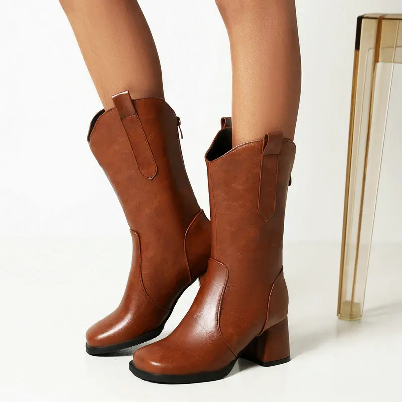 2023 Winter Warm Fur Boots Womens High Heels Female Shoes Black Mid Barrel Woman Boots Chunky Heel Boots Women Large Size 46