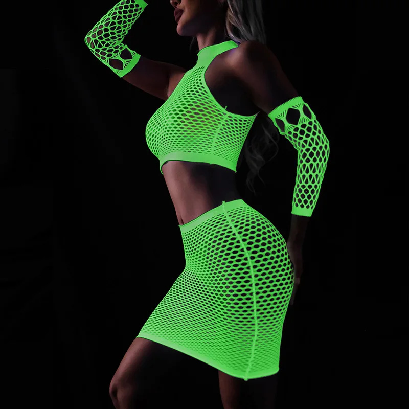 

Luminous Bra Skirt Sleeves 3pcs Sexy Mesh Hollow Out Lingerie Set Women Apparel Exotic Suits Hot Erotic Fishnet Costumes Women