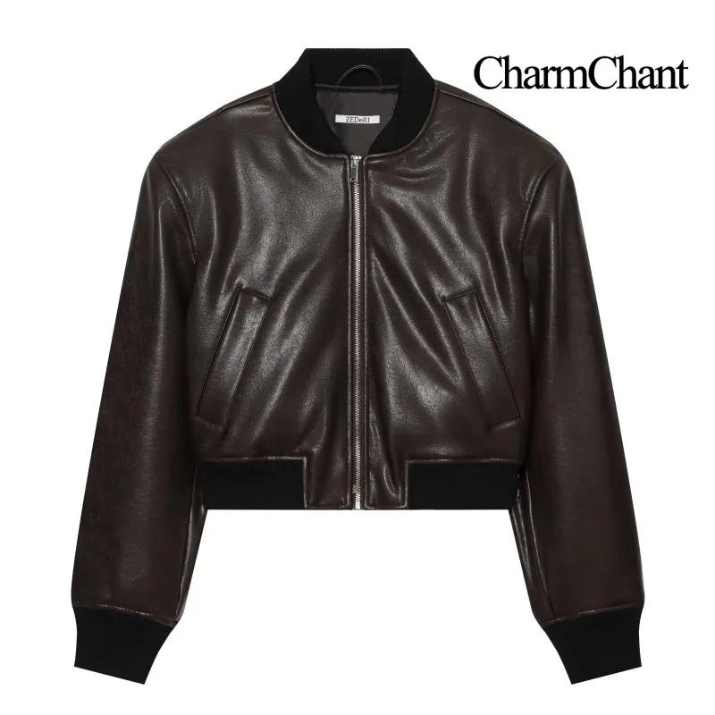 CHARMCHANT Womens Faux Leather Bomber Jacket Ribbed Stand Collar Zip Up Drop Shoulder Cropped Oversized Slant Pockets Fall 2026