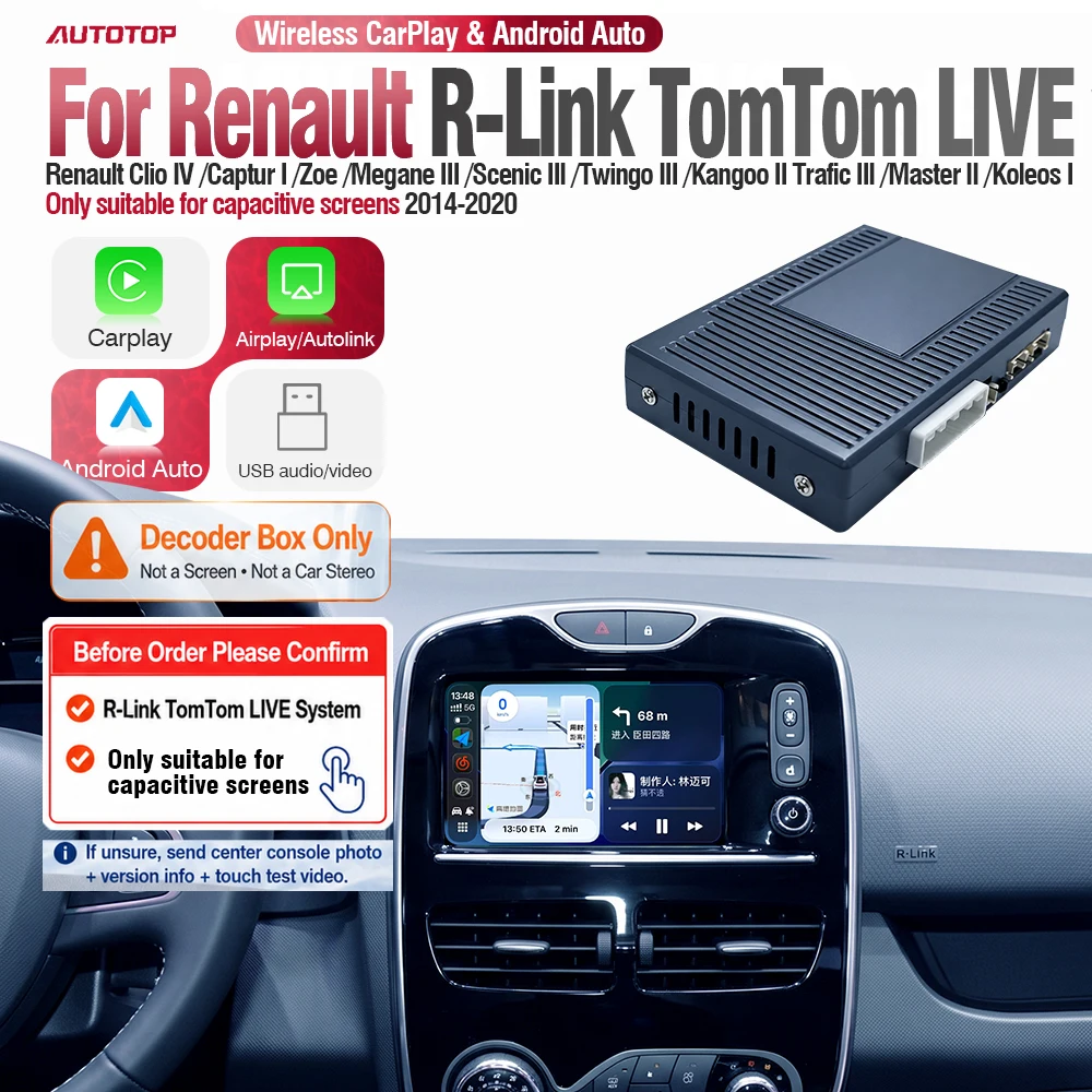 AUTOTOP Décodeur sans fil CarPlay Android Auto pour écran capacitif OEM Renault R-Link Tom Tom Clio IV Captur I Zoe Megane III Scenic III Twi Twi. Module d'interface AirPlay Bluetooth AUX pour Hommes III Kangoo II Track III Master III Refuse Interface