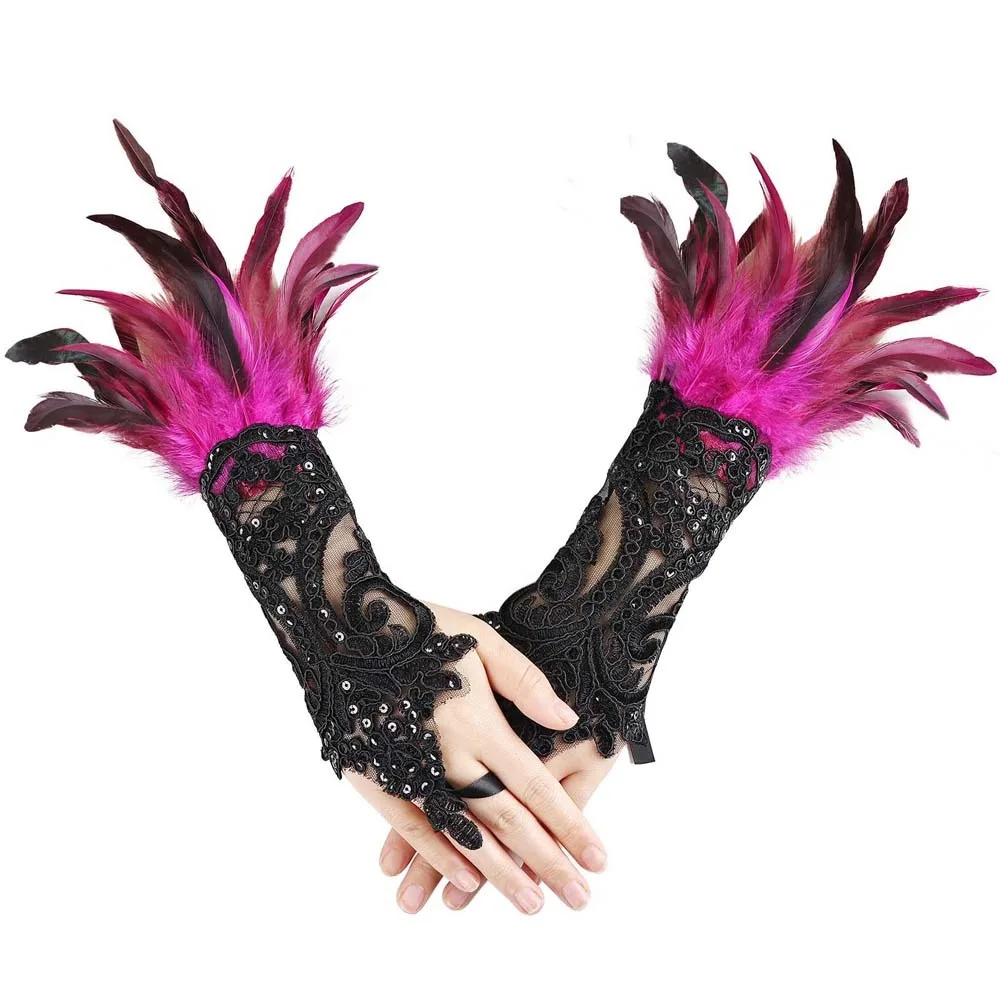 

Retro Halloween Feather Gloves Gothic Embroidery Sequins Feather Lace Gloves Dark Cuffs Women Halloween Arm Sleeves