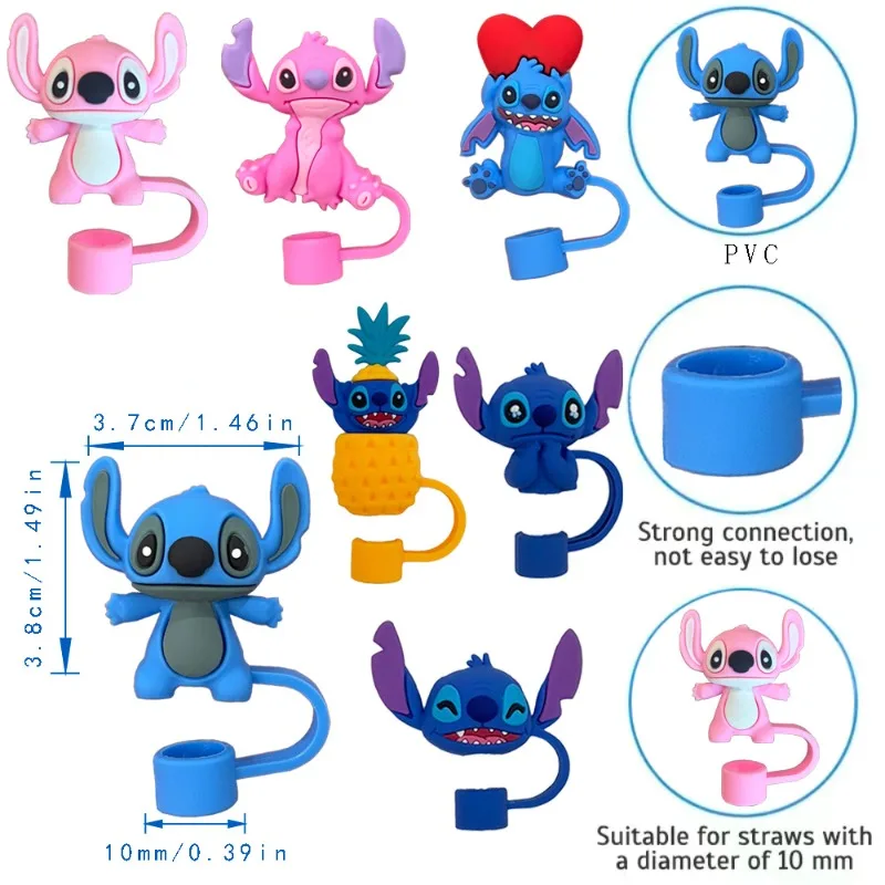 7PCS Disney Lilo Stitich Straw Cover 10mm Cups Cartoon Straw Protector Cover Compatible with Stanley 30&40oz Straw Topper Caps