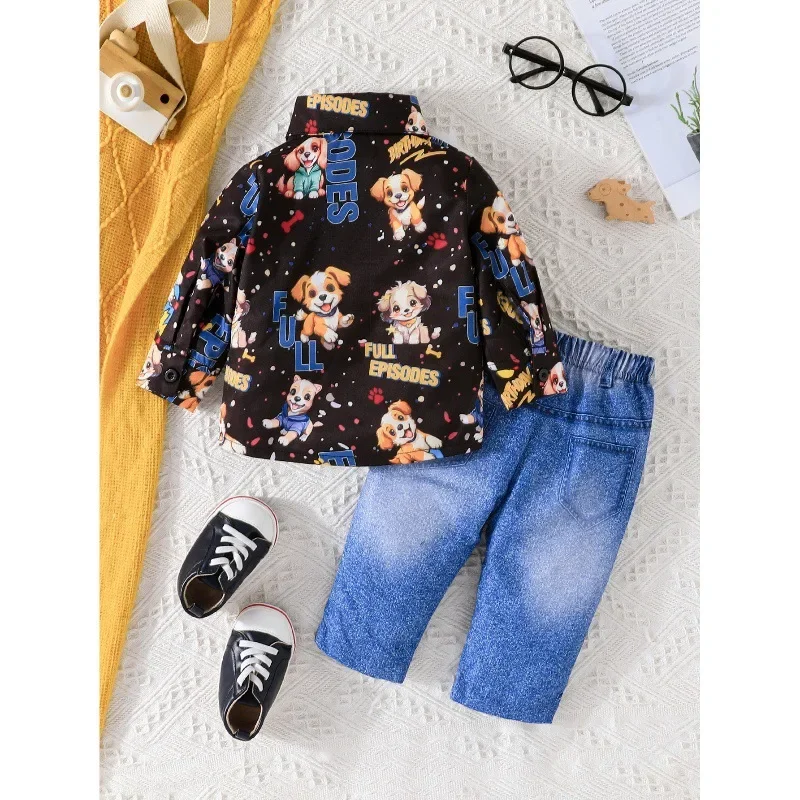 Conjuntos de ropa para recién nacidos, camisa de manga larga con solapa de perro de dibujos animados, Tops y pantalones vaqueros, ropa informal para niños pequeños