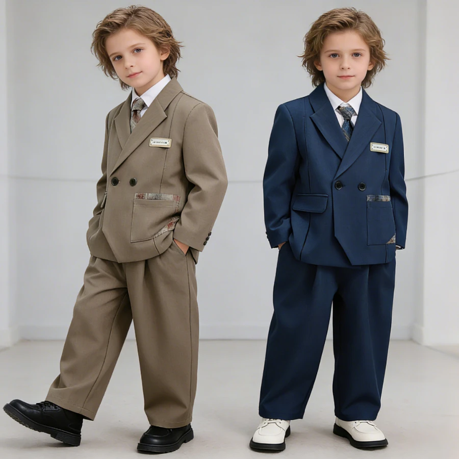 

Boys Formal Suit Set Double Breasted Blazer Long Sleeve Shirt Tie Pants Kids Outfit for Wedding Party School Performance 2-12 Y