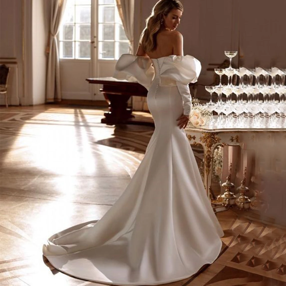 V-Neck Strapless Wedding Dress with Pleat Satin Mermaid Bride Floor Length Open Back Sweep Train Customized Civil Gowns Robe